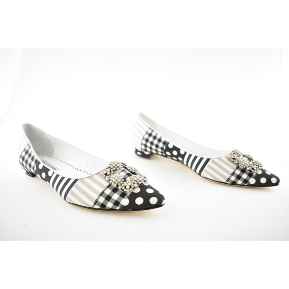 Manolo Blahnik Hangisi Flat Black White Patches Jewel Buckle Classic Ballet 41.5 - Picture 4 of 12